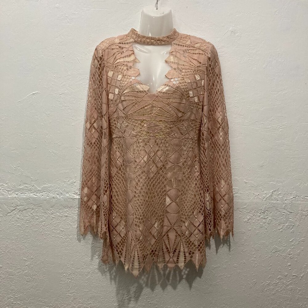Free People Deco Lace Mini Dress Fairycore Bell Sleeve Ivory Combo Lined Size 4 - Picture 1 of 12